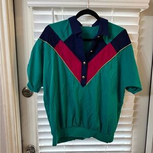 VINTAGE Green Colorblock Polo Top with Navy & Magenta Accents
